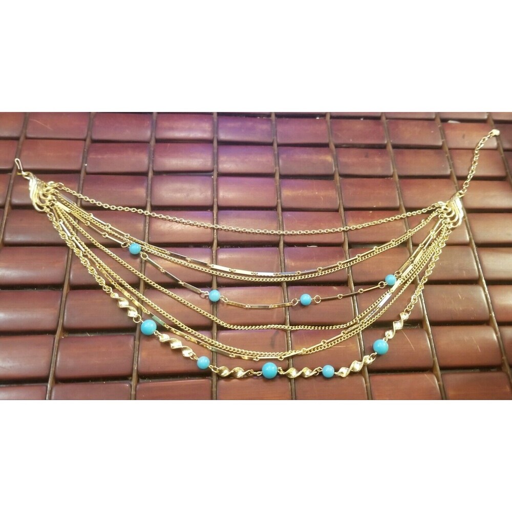 Vintage Eight Strand Gold Tone Necklace with Robins Egg Blue Beads 15"-18"